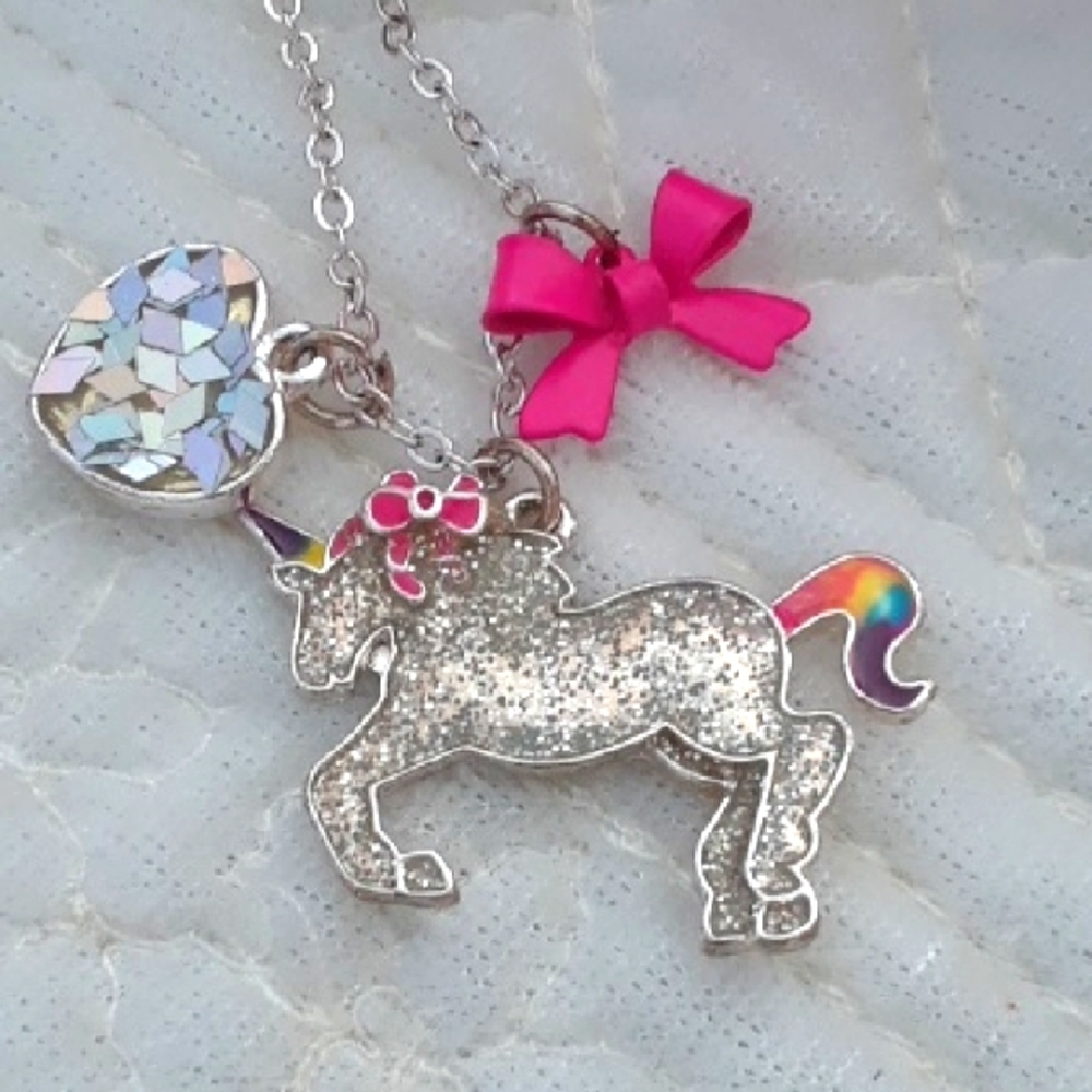 Kids Sparkling Unicorn Necklace with Pink Bow